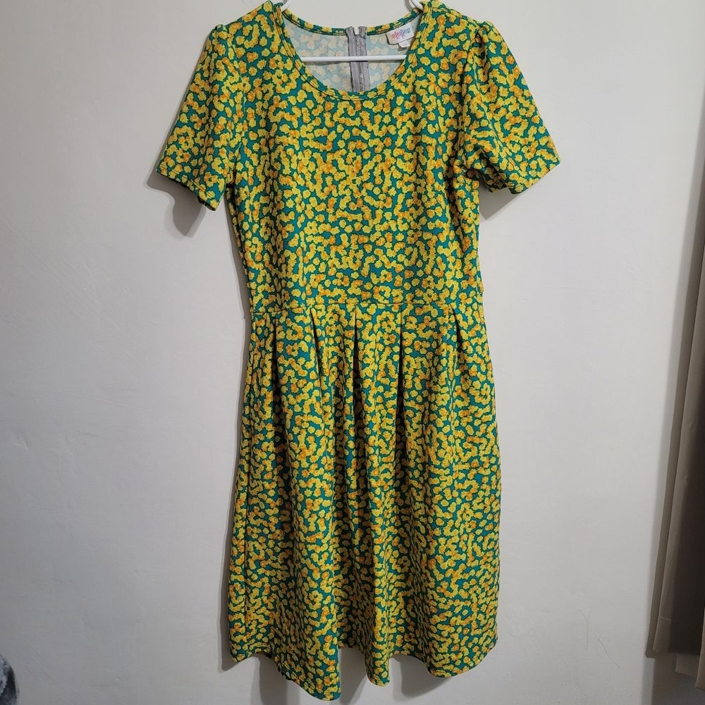 YELLOW & GREEN/TEAL FLORAL LULAROE AMEILIA PLEATED WOMEN'S DRESS SIZE XL…